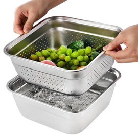 Asdays Colander Bowl Set, Square Storage Container, Corner Bat, Dishwasher Safe, Prepare, Square Design, Space Saving, Stainless Steel Bowl + Colander, 11.0 inches (28 cm)