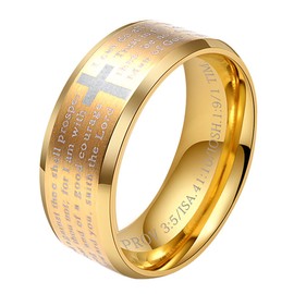 ALEXTINA Men's 8MM Stainless Steel Bible Verse Christian Cross Lord's Prayer Ring Gold Size 12
