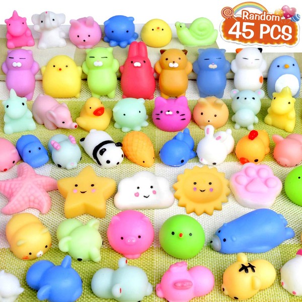 FLY2SKY 45Pcs Mochi Squishy Toys Mini Squishies Kawaii Animal Squishies Party Favors for Kids Cat Panda Unicorn Squishy Novelty Stress Relief Toys Birthday Gifts Goody Bags Class Prizes Pinata Fillers
