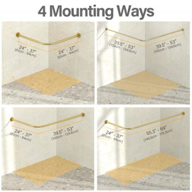 Yampos L Shaped Corner Shower Curtain Rod, 24"-53" x 24"-53" Adjustable 90 Degree Curved Bathroom Rod 304 Stainless No Sag with 12 Hooks & Ceiling Support - Gold