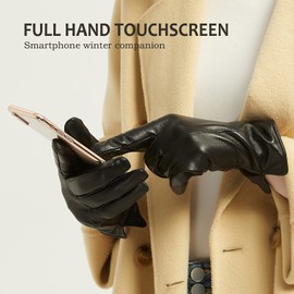NOVBJECT Women's Genuine Leather Gloves Full Touchscreen Winter Warm Driving Gloves Cashmere Lining, Black, XL