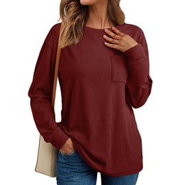 AUTOMET Womens Long Sleeve Tops Loose Fit Fall Cute Thick T Shirts Winter Cruise Outfits Trendy Clothes, Burgundy, XL