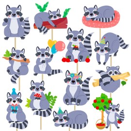 Raccoon Party Decoration 18Pcs Raccoon Centerpiece Sticks Cartoon Raccoon Theme Party Decorations Woodland Party Table Toppers for Raccoon Birthday Party Baby Shower Supplies