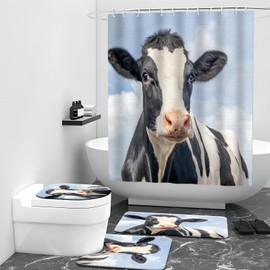 cromcu 4PCS Cow Shower Curtain Set with 12 Hooks for Bathroom Sets, Non-Slip Rugs and Toilet Mat Lid Rug, Durable Waterproof for Kids Adults 72x72 Inch Cow Decor for Bathroom