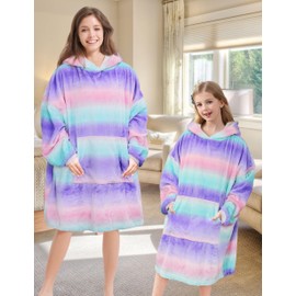 V.&GRIN Hoodie Blanket Women, Unisex Cuddly Fluffy Fleece Pullover Blanket with Sleeves Gift for Men Women, Purple, Pink, One size fits all