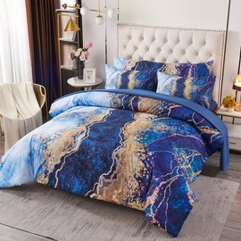 PERFEMET Watercolor Marble Printed Comforter Set Full Size 6 Pcs Blue Bed-in-A-Bag with Matched Bed Sheets Colorful Retro Artwork Style Bedding Comforter Sets(Blue, Full)