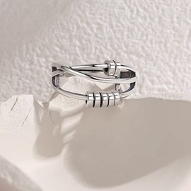 Kamise Silver Anxiety Ring, 925 Sterling Silver Anxiety Rings for Women, Open Adjustable Unisex Anxiety Spinning Rings, Adjustable Fidget Spinner Ring, Anti-Stress Rings, Mood Ring, Decompression