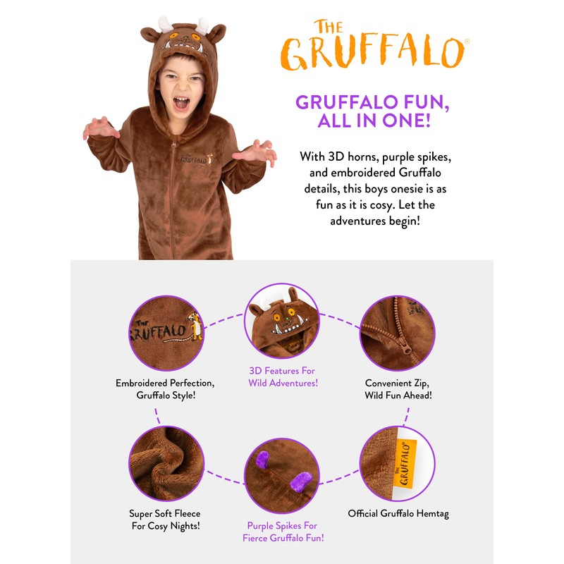 Gruffalo Gruffalo Onesie | Boys Brown Hooded Onesie With 3D