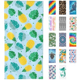 SAYOUZ Microfiber Beach Towel, Pineapple and Tropical Leaves Beach Towels for Women Men, Extra Large 29.5” X 59”, Quick Drying Lightweight Sand Free Bath Swim Towel