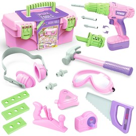 Kids Tool Set, Toddler Tool Set with Electric Toy Drill Tool Box Pretend Play Construction Toy Tools for Girls, Preschool Pink Tools Toy Gifts for Girls Toddlers Kids Aged 3+