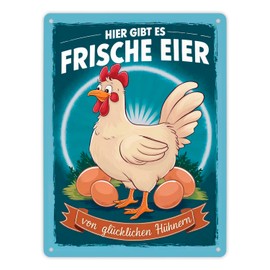 Fresh Eggs of Happy Chickens Metal Sign XL in 21 x 28 cm with Chicken with White Feather Dress and Red Comb on Robust Sign Ideal for the Farm Shop