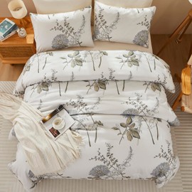 SUCSES 3 Pieces Floral Comforter Set Queen Size Botanical Flower Bedding Set with Pillowcases Farmhouse Garden Style Queen Bed Sets for Men Women