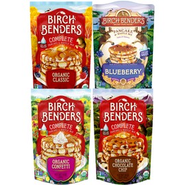 Birch Benders Pancake and Waffle Mix Variety: (Pack of 4) Organic Classic, Blueberry, Organic Confetti, Organic Chocolate Chip