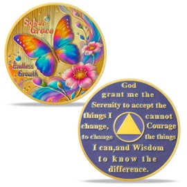 Butterfly Blossom Sobriety Coin Gifts | Sober Grace AA Coin - AA Chip Medallion with Alcohol Anonymous Inspirational | Alcoholics Anonymous Coins for Anniversary Sobriety Gifts of Men Women Recovery