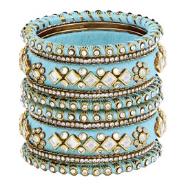 Aheli Blue White Silk Thread Fabric Stone Studded Kundan Chura Chuda Bangle Set Gift for Women Size 2.6"