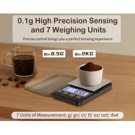 Muaket Digitale Kaffeewaage mit Timer, 0,1g/2kg Küchenwaage für Espresso und Pour-Over-Kaffee, Milligramm Feinwaage mit 7 Gewichtseinheiten, Digitale Waage mit TARA-Funktion und Manuelle Zeitmessung