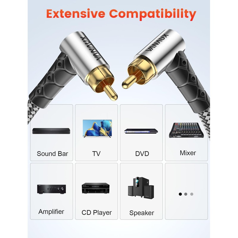 VANAUX 90-Degree Subwoofer Cable 3.3FT,90 Degree RCA to 90 Degree