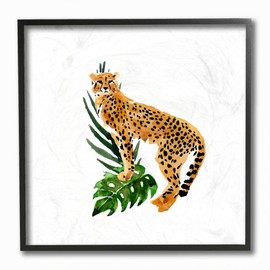 Stupell Industries Cheetah and Leaves Orange Green Animal Watercolor Painting Black Framed Wall Art, 12 x 12, Design by Artist Annie Warren
