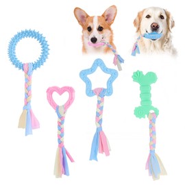 Molain Puppy Chew Toy, 4 Pieces Puppy Chew Toys Rubber with Interactive Cotton Ropes Chew Toys for Dogs, Cute Pink Puppy Toys