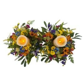 Spring Summer Candle Rings,Floral Candle Rings Wreaths 6 Inch,Daisy and Sunflowers,Mixed Flowers with 2pcs Plastic Candles,Perfect for Spring Decor,Centerpieces for Tables,Indoor Outdoor Home Decor