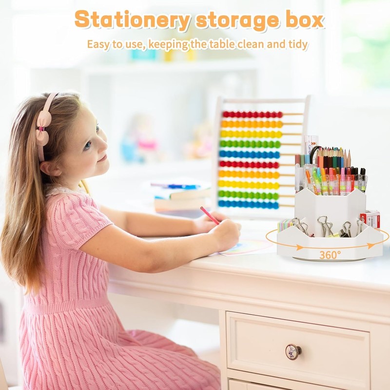 360-Degree Rotating Desk Organiser, White Multi-Compartment Storage Caddy for Stationery