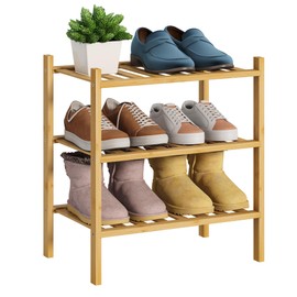 BMOSU 3-Tier Bamboo Small Shoe Rack Premium Stackable Shoe Shelf Storage Organizer for Hallway Closet Living Room Entryway Organizer (Natural Bamboo)