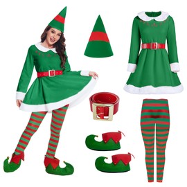 DARFULA Elf costume for women 5 Pcs Women Christmas Elf Costume Set Adult Christmas Cosplay Suit Xmas Outfits (Large)