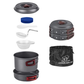 Bulin 8PCS Camping Cookware Mess Kit Lightweight Backpacking Cooking Set Outdoor Cook Gear for Family Hiking, Picnic(Kettle, Pot, Frying Pan, Bowls, Plates, Spoon)