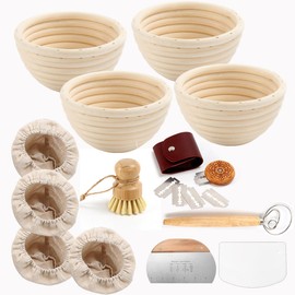 4X Round 5inch Rattan Bread Proofing Basket Sourdough Bannetons Proving Basket Bread Baking Mold Tools Fermentation Basket with Cloth Liner Dough Scraper Dough Whisk