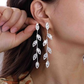 Atentuyi Long Rhinestone Earrings Silver Leaf CZ Drop Earrings Drop Crystal Wedding Earrings Chandelier Dangle Bridal Earrings CZ Threader Tassel Chain Earrings Jewellery for Women and Girls, Zinc