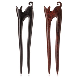Noverlife 2PCS U Shape Wooden Hair Sticks, Handmade Carved Ebony Sandalwood French Hair Forks, with Cute Cat Kitty Design, 2-Prong Vintage Wood Hair Pins for Women Chignon Bun Updo Hairstyle