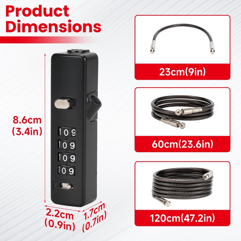 Combination Cable Lock - 3 Retractable Locks (11.8", 23.6", 47.2")