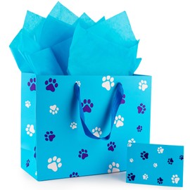 FUNCANDLE 13" Blue Dog Paw Print Gift Bags with Cards Tissue Paper, Blue White Dog Wrapping Paper Dog Themed Party Decoration for Girl Boy Kids Christmas Pet Birthday Gift Party Supplies