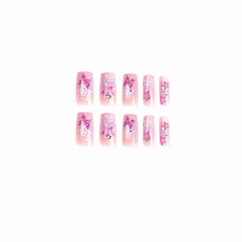 BABALAL Suqare Press on Nails Medium Fake Nails Purple Glue on Nails Star Rhinestone Acrylic Nails Butterfly Stick on Nails for Women and Girls
