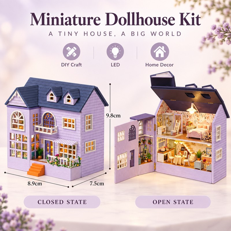 DIY Miniature House Kit with Furniture and LED Light, Wooden