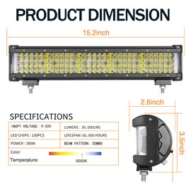 Auto Power Plus LED Light Bar 15 Inch, 390W Side Shooter Led Lights Quad Row Led Driving Light Spot Beam Off Road Led Work Light Waterproof Fog Light for Offroad Truck Car ATV UTV Boat