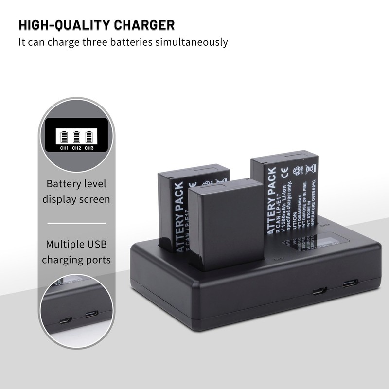 3-Pack LP-E17 Battery with Smart Triple Charger for Canon EOS