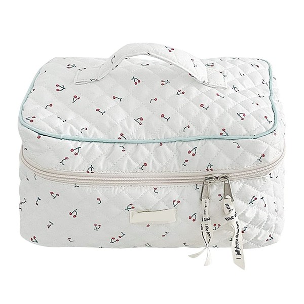 Large Capacity Travel Cosmetic Bag Large Quilted Makeup Bag Cotton Floral Makeup Bag Cosmetic Bag Aesthetic Floral Makeup Bag Wash Wash Bag, White, White Cherry Large