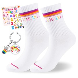 School Child Socks Cotton 25-36, 2025 School Child Gift for First Day of School Boys Girls Socks First Day of School Gift Girls Boys Back to School Gifts School Socks with Guardian Angel Keyring, pink