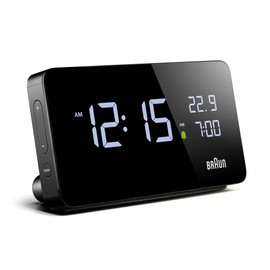 Braun Digital Alarm Clock with LCD Display, 2X USB-C Ports for Charging of Other Devices, Time and Date Display, Touch Snooze, Quick Set, in Black, Model BC20B.