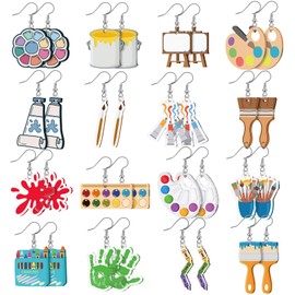 Hinly 16 Pairs Art Earrings for Women Big Acrylic Dangle Drop Earrings Personality Artist Paint Palette Paint Brush Jewelry Colorful Artist Painter Art Teacher Gifts