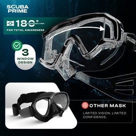 Scuba Prime Pano 3 Scuba Diving Mask, Tempered Glass Wide View Snorkel Mask with Three-Window Design No-Leak Scuba Mask with Silicone Skirt Dive Mask for Snorkeling and Scuba Use, TransBlk