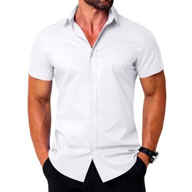 LETSEE Men's Dress Shirts Short Sleeve Wrinkle Free Dress Shirts for Men, White, Medium