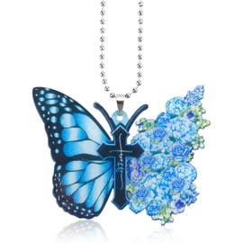 Butterfly Hanging Pendant, Jagowa Car Interior Charms with Crosses and flowers, Decoration Hanging Keyring Accessories (Blue)