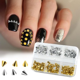6 Grid/300pcs 3D Mini Metal Punk Nail Studs, Gold Silver Cone Spikes for Nails Stylish Goth Art Charms Jewels Alloy Nail Rivets DIY Nails Accessories Gift for Women