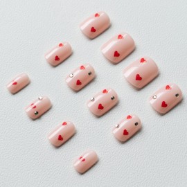 FIEONCIY Press on Nails Short Square Shaped Glossy Full Cover Acrylic Extra Short Square False Nails with Love Heart Designs Artificial Fake Nails Glue Stick ons Fingernails for Women Girls(X0421)