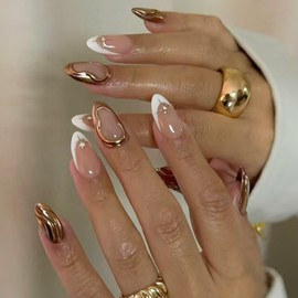 White French Tip Press on Nails Star Fake Nails with 3D Gold Design Nude Glue on Nails Glossy Artificial Acrylic Full Cover Rhinestone Stick on Nails Short Almond False Nails for Women Manicure