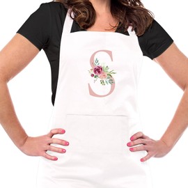 Ysound Initials Apron Women's Cooking Apron Cotton Apron Adjustable Baking Apron White Kitchen Apron with Pockets for Kitchen, Cooking, Baking, Gift for Women Mum for Birthday Christmas, s
