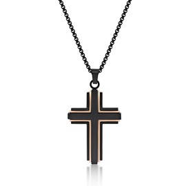 Metro Jewelry Cross Pendant Necklace for Men in Stainless Steel with Black and Rose Ion Plating 24 Inches Long Lobster Claw