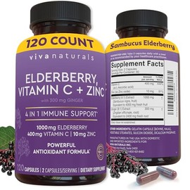 Viva Naturals Elderberry with Vitamin C and Zinc, 120 Capsules - 1000mg Sambucus Elderberry per Serving Immune Support Supplement, Black Elderberry Ca